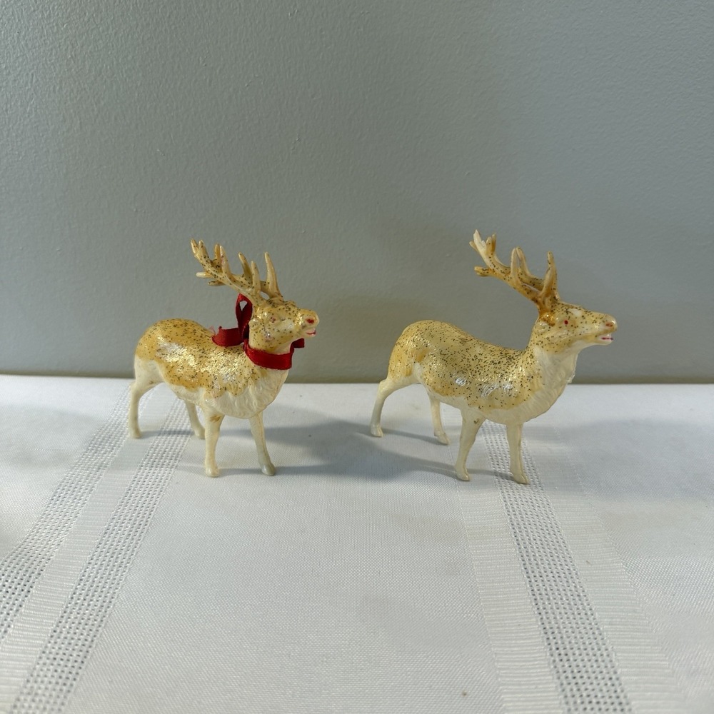 2 Thin Celluloid 1950's Reindeers Japan Christmas Figurine 3.5"L MCM Vintage